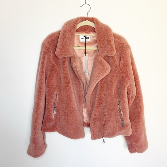 VIGOSS Blush Sherpa Faux Fur Moto Jacket M Medium - Picture 4 of 12